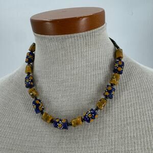 Handmade blue and yellow beaded Choker necklace